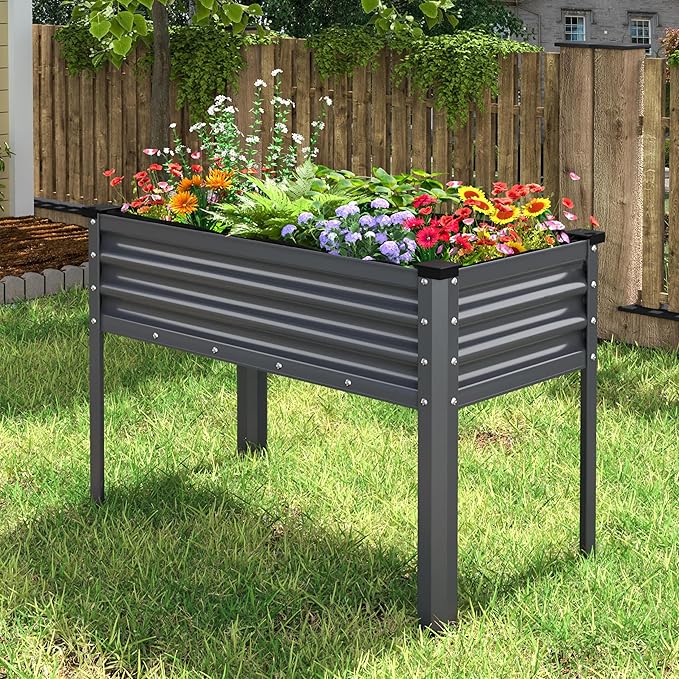 MUPATER Galvanized Steel Raised Garden Bed with Legs, 48" L x 24" W x 32" H Large Metal Elevated Raised Planter Box with Detachable Black Liner for Backyard, Garden, Balcony, Gray