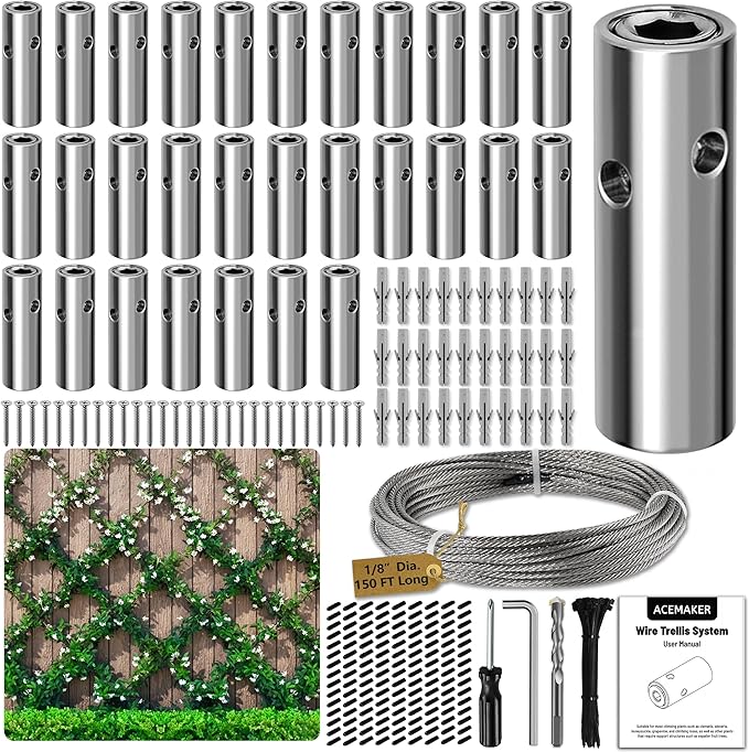 Acemaker Wire Trellis for Climbing Plants Outdoor, 30-Set Wall Wire Trellis Kit with 1/8in x 150ft Stainless Steel Cable, T316 Cylindrical Espalier System for Fence and Garden DIY Projects