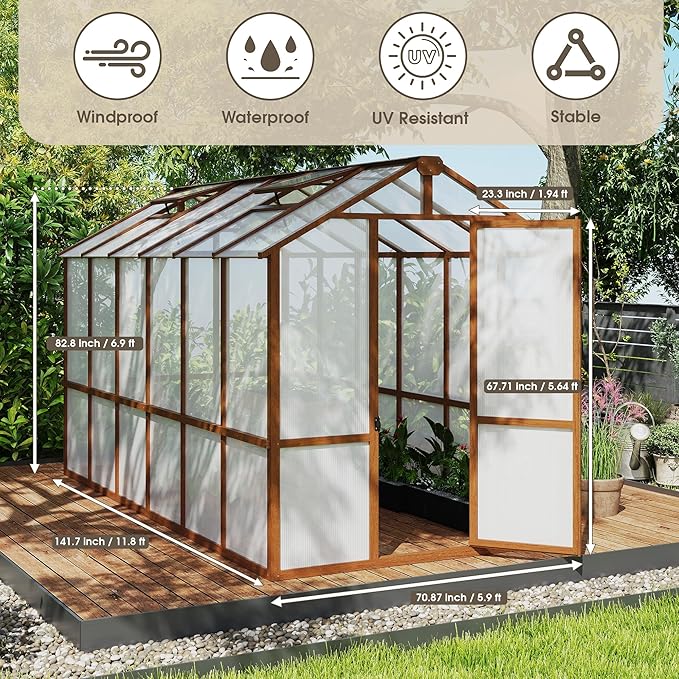 Large Walk in Greenhouse for Outdoors, 6x12 FT Length Heavy Duty Polycarbonate Panel Wooden Frame with Roof Vent & Lockable Outward-Opening Swing Door, All Season Garden Greenhouse for Backyard Patio