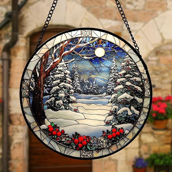 DASTOLL Stained Glass Window Hanging Christmas Tree Winter Snow Night Scenery 7.8" - Suncatcher Door Garden Kitchen Sun Catcher Home Decor Birthday for Mom Men Woman Friend