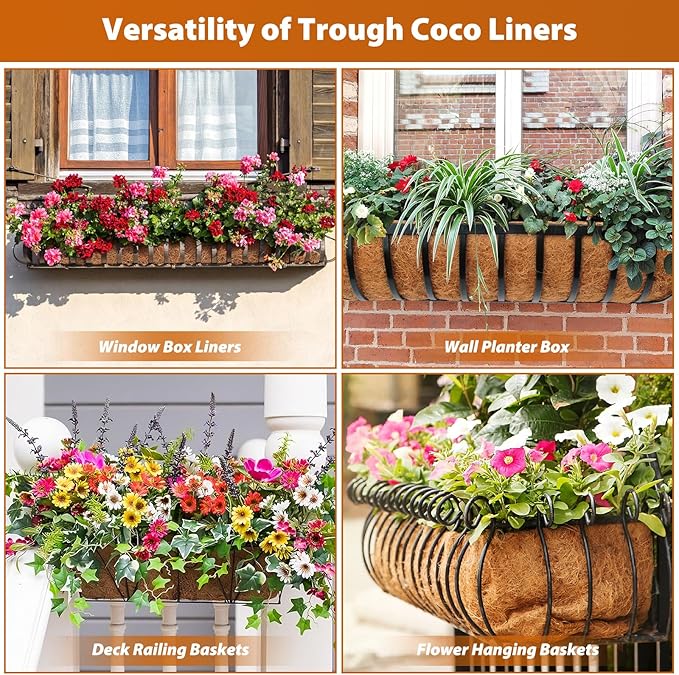 Legigo 4 Pack 30 Inch Square Coco Liners Planter Baskets Liner- Natural Coconut Coir Fiber Liner Replacement, Window Box Liners Trough Coconut Liners for Wall Planter Garden Deck Fence Flower Baskets