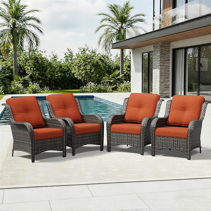 Joyside 4 Piece Wicker Patio Furniture Set, Rattan Patio Chairs with High Back, Deep Seating, Wide Armrest, Thickened Cushions, Outdoor Furniture for Deck, Porch Use