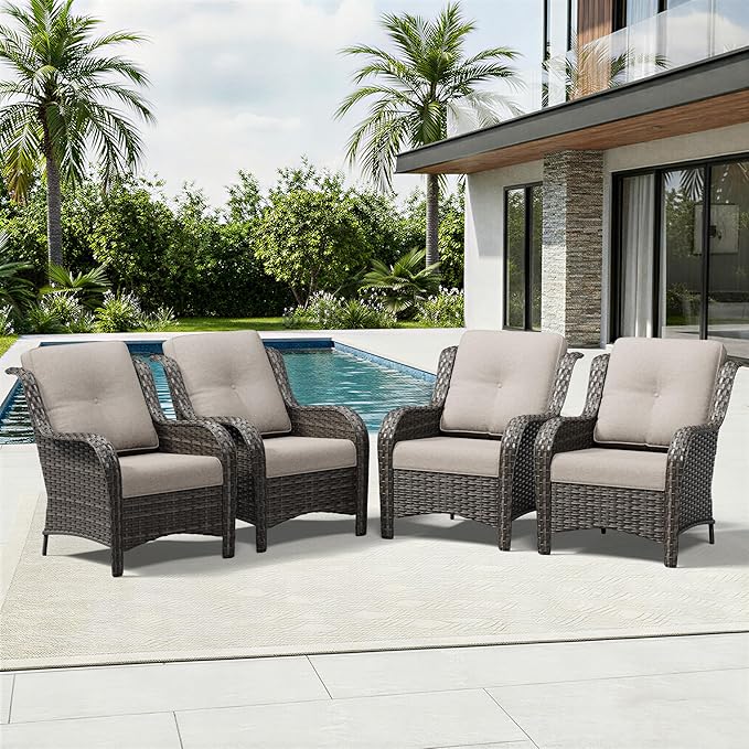 Joyside 4 Piece Wicker Patio Furniture Set, Rattan Patio Chairs with High Back, Deep Seating, Wide Armrest, Thickened Cushions, Outdoor Furniture for Deck, Porch Use