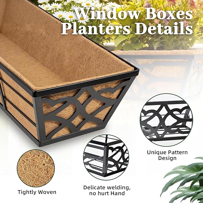 Railing Planter Box, Window Planter Boxes Outdoor 4 Pack 30 Inch Hanging Planter with Adjustable Bracket for Porch, Fence Flower Baskets with Coco Liners