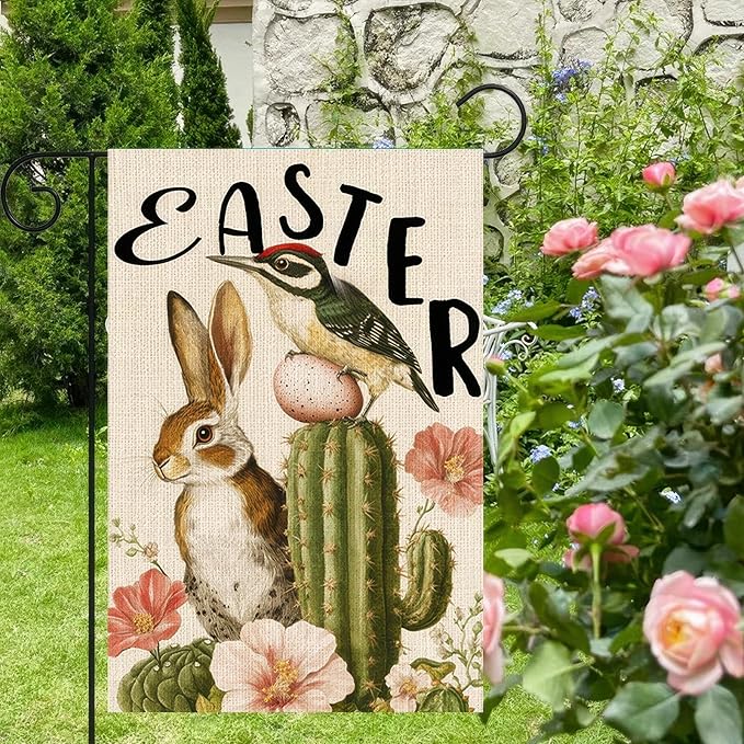 Easter Garden Flag 12x18 Inch Double Sided Spring Bunny Garden Flags Bird Cactus Yard Flag for Spring Easter Decor Porch Farmhouse Outdoor Outside Decortion