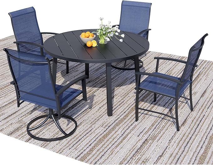 5 Pieces Outdoor Table and Chairs for 4, 42" Black Round Table with 2 Blue Swivel and 2 Big Chairs, Patio Dining Set with Swivel Chair