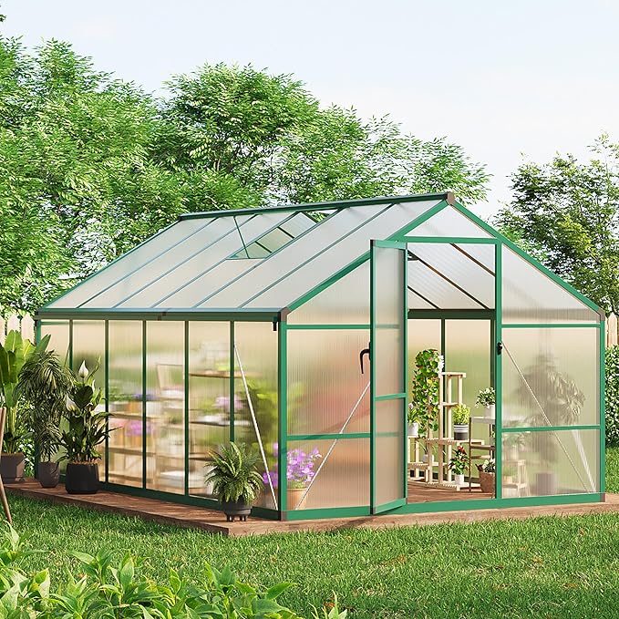 8X12FT Outdoor Greenhouse, Aluminum Polycarbonate House, Green Houses for Outside with Sliding Doors, Ajustable Roof Vent, Withstands Bad Weather for Garden, or Backyard, Green