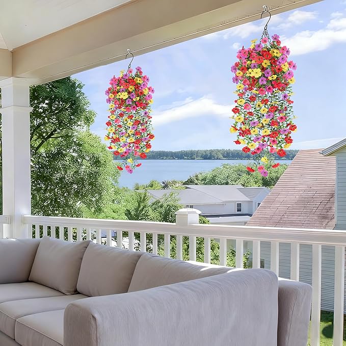 AmberFun Artificial Flowers for Outdoors, UV Resistant 2 Bundles Fake Silk Flowers for Outside, Realistic Faux Plants for Hanging Baskets, Planters - Porch, Patio, Yard Décor (Mix)