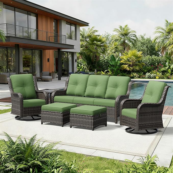 Joyside 6 Piece Wicker Patio Furniture Set, Outdoor Swivel Rocker Patio Chairs with High Back, Deep Seating, Wide Armrest, Thickened Cushions, Outdoor Furniture for Deck, Porch Use