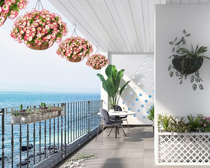 Ammyoo Artificial Hanging Flower Plants with Basket for Outdoor Decoration, Faux Petunias Flowers Fake Morning Glories Planter for Outside Patio Garden Porch Balcony Yard Decor(Pink)
