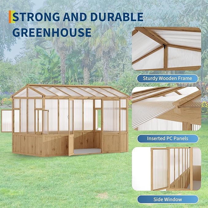 8X12 FT Heavy Duty Wooden Greenhouse for Outdoor - Walk-in Green House Kit with 6mm Polycarbonate, Ventilated Window & Lockable Door for Backyard, Patio, Lawn