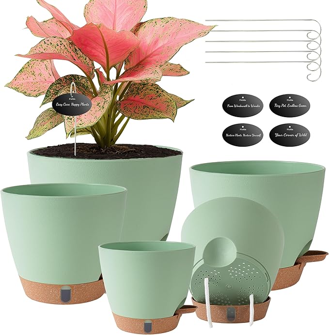 Fielda Self Watering Pots for Inoor Ourdoor Plants 8/7/6.5/6/5 Inch Plastic Planters with Drainage Holes & Water Level Indicator, Decorative House Flower Nursery Planting Pots with Saucers(Green)