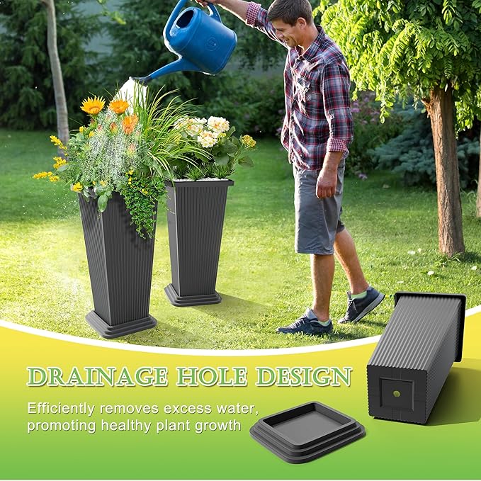 TUYOHW Set of 2 Tall Planters, 24" Large Indoor Outdoor Flower Pots with Tray, Modern Tapered Planters for Porch, Patio, Garden, Backyard