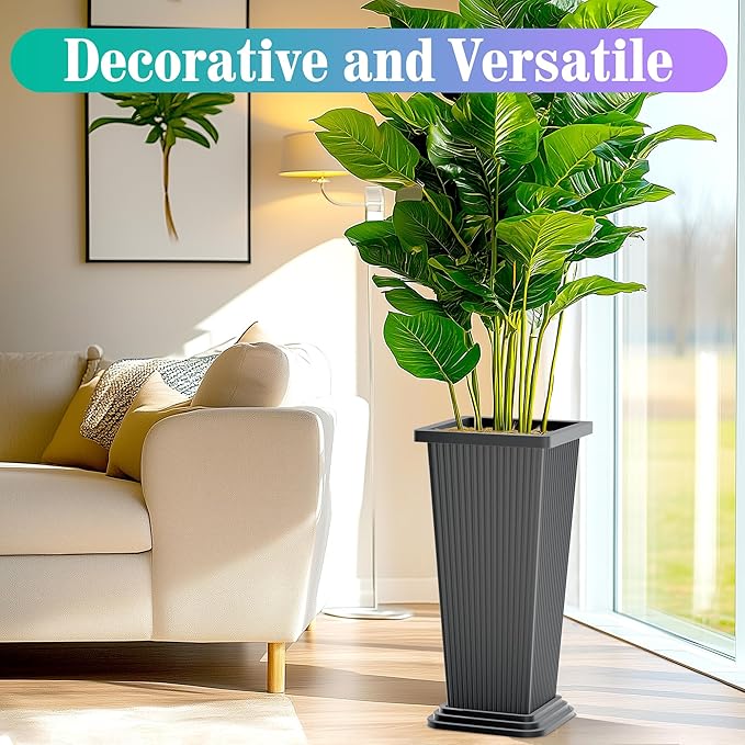TUYOHW 24 Inch Tall Tapered Square Planters (Set of 2) - Indoor Outdoor Large Flower Pots with Built-in Drainage & Matching Water Tray for Patio, Garden, Home - Gray
