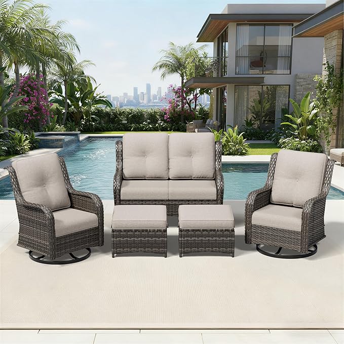 Joyside 5 Piece Wicker Patio Furniture Set, Outdoor Swivel Rocker Patio Chairs with High Back, Deep Seating, Wide Armrest, Thickened Cushions, Outdoor Furniture for Deck, Porch Use