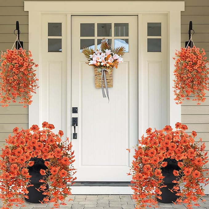 Artificial Fake Hanging Flowers Fall Plants for Outdoor Outside Autumn Decoration 2PCS Faux Silk UV Resistant Realistic with Eucalyptus for Home Thanksgiving Harvest Porch Patio Balcony(Fall Orange)