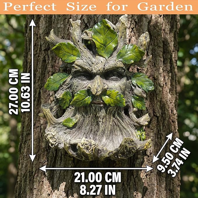 10.3" Whimsical Tree Face Sculpture, Garden Peeker Statue, Outdoor Trunk Tree Huggers Art, Landscape Accent Ornament, Hanging Fairy Elve Figurine for Yard Art, Feeder Decor Wall Mounted Statue