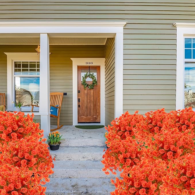 Artificial Flowers for Outdoors 12 Bundles Realistic Faux Plants UV Resistant Fake Silk Morning Glory with Eucalyptus for Front Door Planter Patio Porch Fall Thanksgiving Autumn Decoration (Orange)