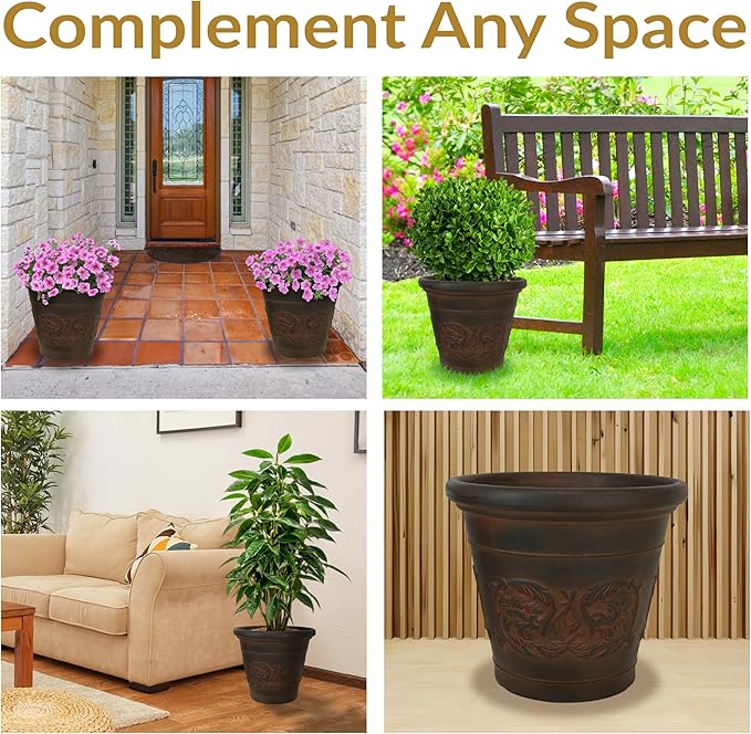 Sunnydaze 16-Inch Arabella Large Plant Pot - Polyresin Insulated Round Outdoor Planter with Drillable Drainage Holes - Rust