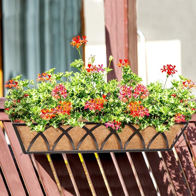 Y&M 24 Inch Fence Metal Hanging Flower Planter Window Basket Deck Railing Planter Boxes for Outdoor Garden Lawn， Window Deck with Coco Liner,6pcs