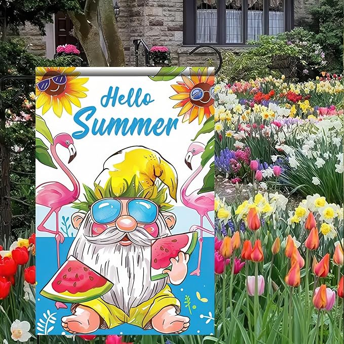Hello Summer Gnomes Garden Flag Watermelon Flamingos 12x18 Double Sided Hawaii Tropical Beach Holiday Ocean Sea Yard Small Banner for Seasonal Outdoor Party Decoration
