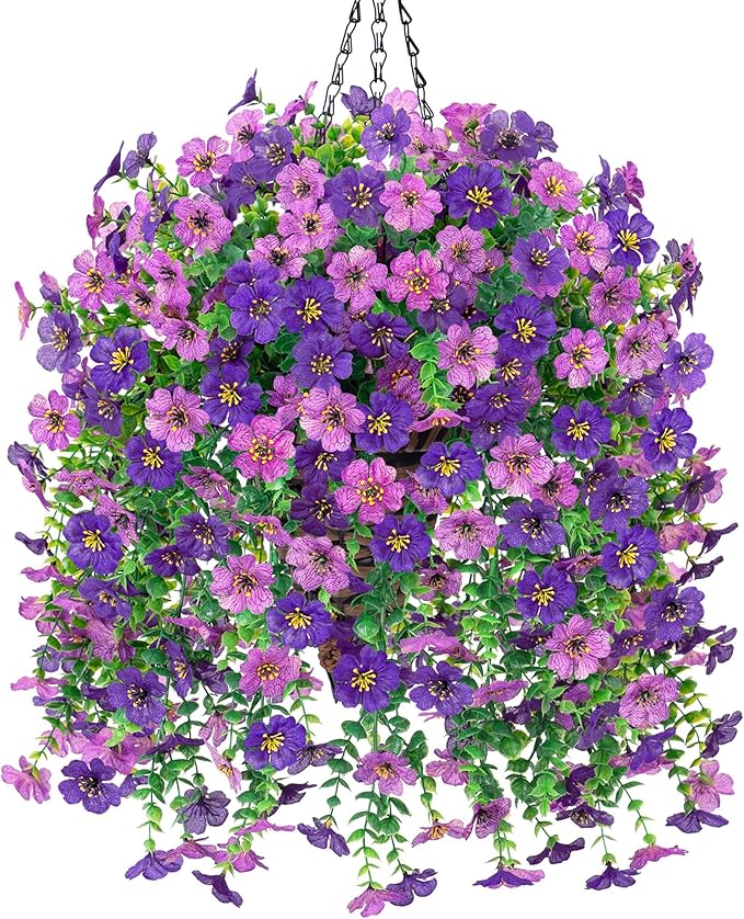 HyeFlora Artificial Hanging Flowers Basket for Outdoor, Fake Flowers Faux Plants Look Real for Yard Gardens Porch Patio Home (Darkpurple+Purple)