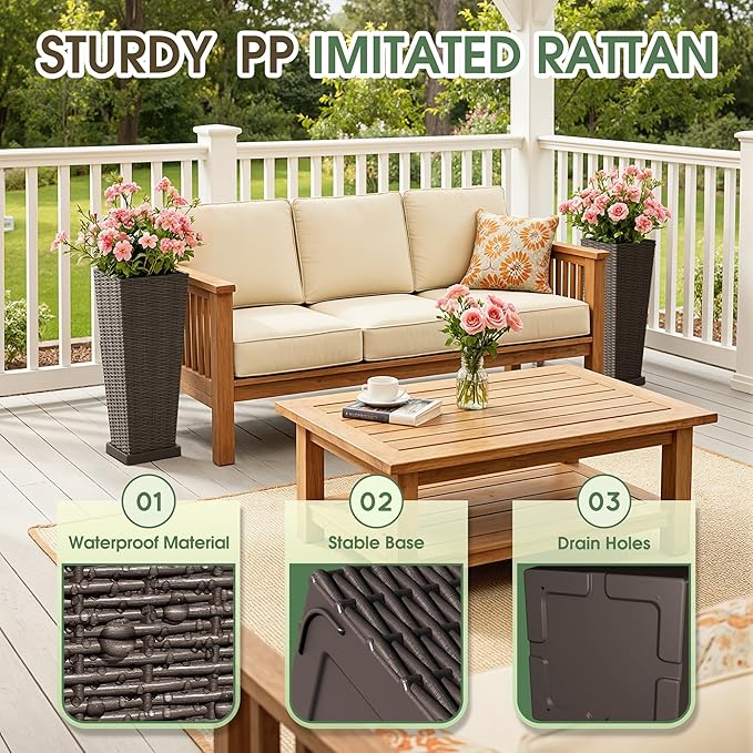 Set of 2 Tall Plastic Planters with Saucer, 24 Inch Height Pots with Drainage Trays, Brown