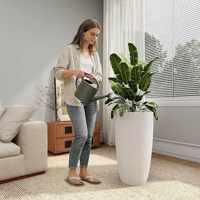 Vigo huseeo 22" Tall Planter Set of 2, Large Self Watering Pots for Indoor/Outdoor Plants with Drain Holes, Water Level Monitor, Inner Bucket for Front Porch Patio, White Rattan Conical