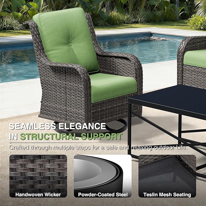 Joyside 5 Piece Wicker Patio Furniture Set, Outdoor Swivel Rocker Patio Chairs with High Back, Deep Seating, Wide Armrest, Thickened Cushions, Outdoor Furniture for Deck, Porch Use