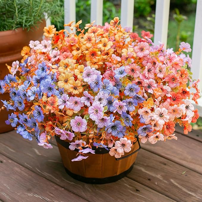 florisso Artificial Fall Flowers Fake Mums for Outdoor Autumn Decoration, 12 Bundles Faux Silk Orange Yellow Mums Daisy Look Real UV Resistant for Outside Home Porch Patio Planter (Fall-6multicolor)