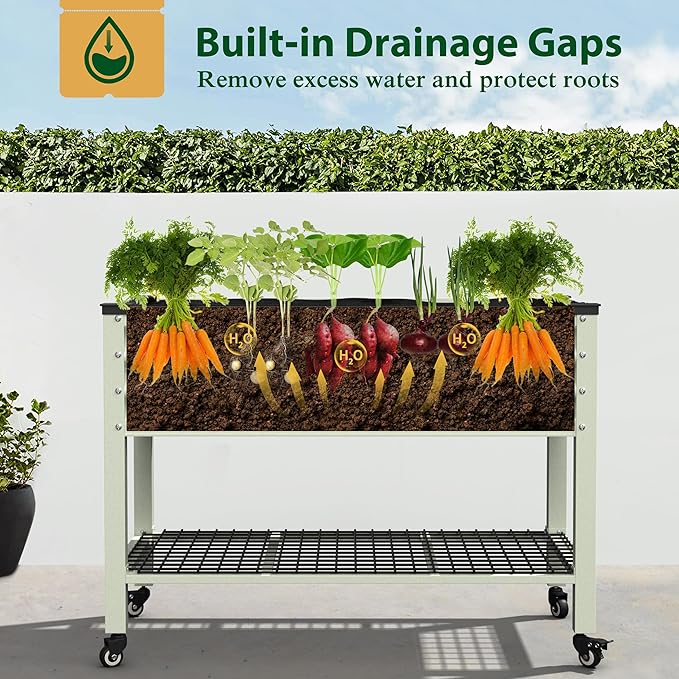 48" W x 24" D x 34" H Galvanized Raised Garden Bed with Lockable Wheels, Raised Garden Beds Outdoor with Drainage Gaps & Shelf, Planter Boxes Outdoor for Backyard, Patio, Balcony, Beige