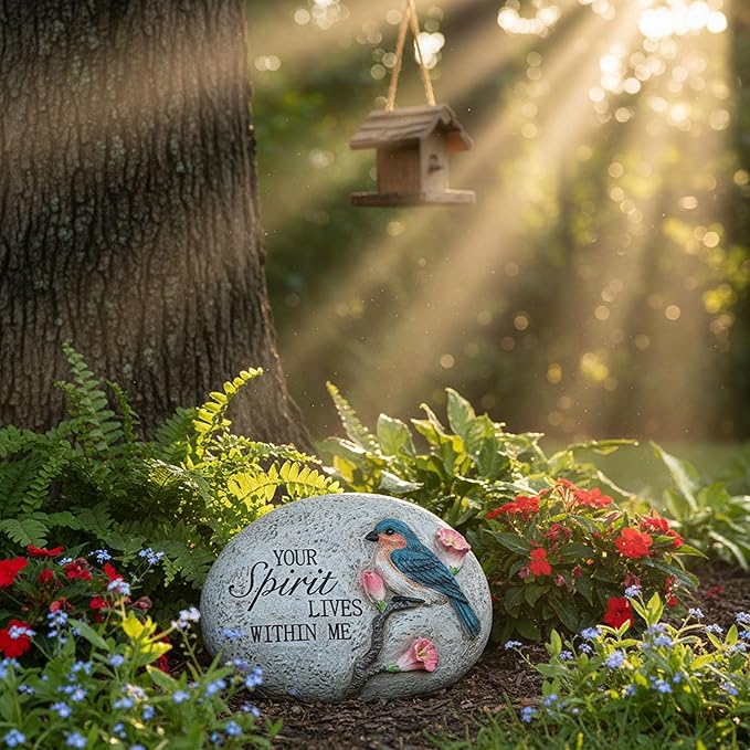 Bluebird Memorial Garden Stone Decoration,Sympathy Gift for Loss of Loved One,Outdoor Tribute Plaque with "Your Spirit Lives Within Me" Engraving,Spirit inspirational Memorial blue bird figurine