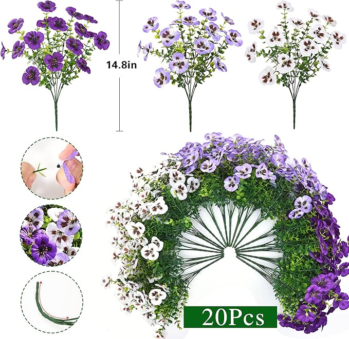 Waipfaru 20 Bundles Artificial Pansy Flowers for Outdoor, UV Resistant Faux Silk Flowers for Outdoor Planters Front Door Porch Yard Patio Window Box Home Decor (White, Purple, Light Purple)
