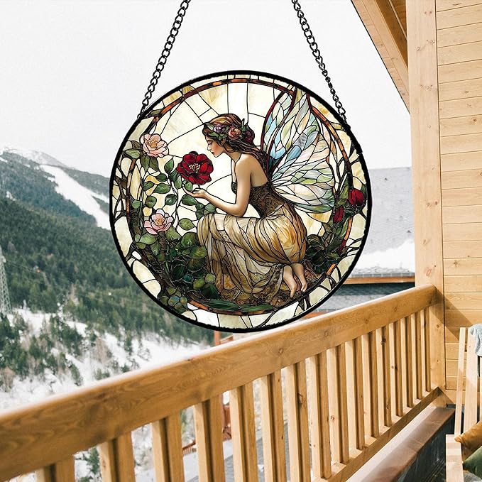 JOSUMALY Stained Glass Window Hanging - Butterfly Flower Fairy Suncatcher for Door Terrace Garden Home Decor Yellow Green Plants Sun Catcher Birthday Gifts for Lovers Women Men Dad Mom Nana 11.8 in