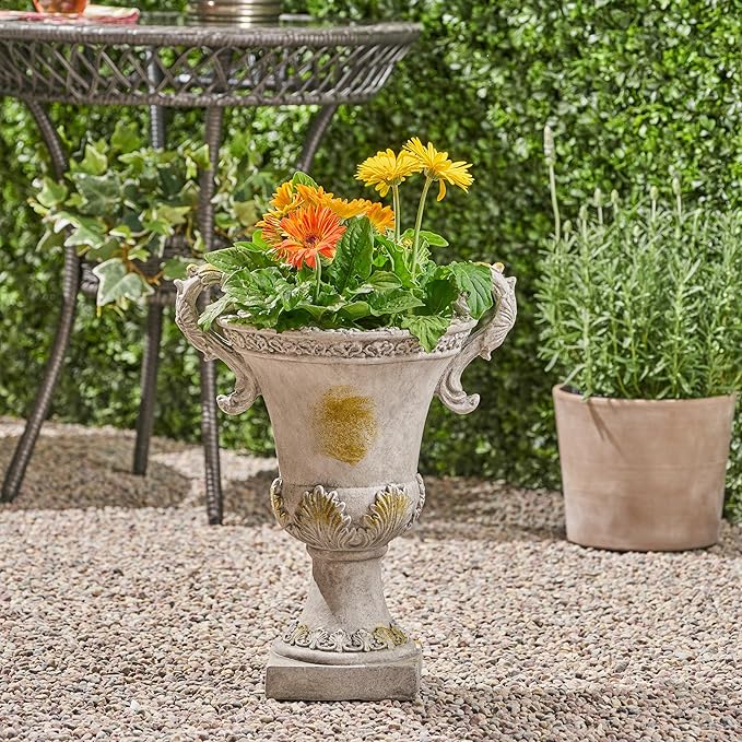 Merax 19.25'' Tall Elegant Roman Style Lightweight Concrete Planter with Botanical Accents, Square Indoor Outdoor Flower Pot with Drainage Hole & Stopper, Grey