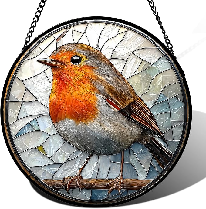 AMDERVEN Stained Glass Window Hanging - Orange Grey Robin Sun Catcher for Door Garden Home Decor Bird Lovers Suncatcher Christmas Mother's Day Birthday Gifts for Women Men Mom Nana 9.8 in