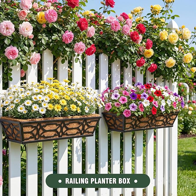 Railing Planter Box, Window Planter Boxes Outdoor 2 Pack 30 Inch Hanging Planter with Adjustable Bracket for Porch, Fence Flower Baskets with Coco Liners