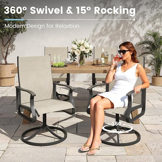 Patio Swivel Chairs Set of 6, Outdoor Dining Chairs with High Back, 360° Swivel Rocker Chair in All-Weather Textilene & Metal Frame for Garden, Porch, Backyard, Balcony(Beige)