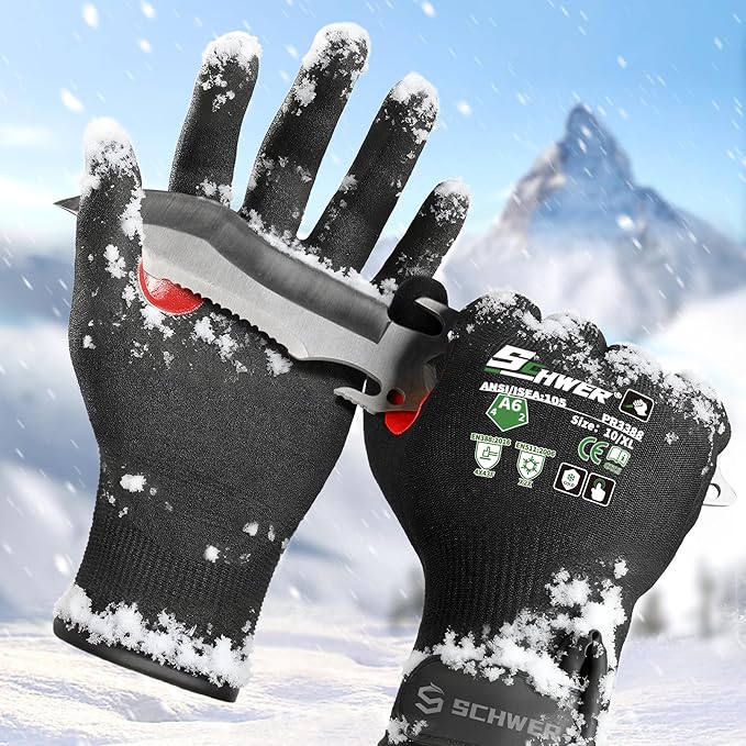 FreezeGuard Winter Work Gloves for Men and Women, ANSI A6 Cut Resistant Gloves With Super Grip, Freezer Glove for Work Touchscreen, Thermal Insulated, PR3388, Non PFAS, Black Knight (XL, 1 Pair)