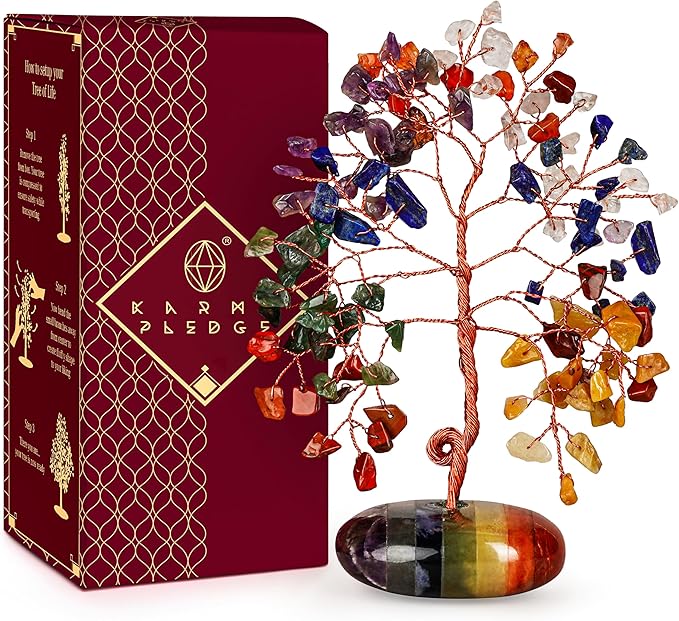 Crystal Tree of Life Home and Office Feng Shui Decor, 7 Chakara Healing Crystal Handmade Bonsai Tree for Positive Energy, Good Luck, Money, Christmas Decor, Birthday Gifts for Women, Mom