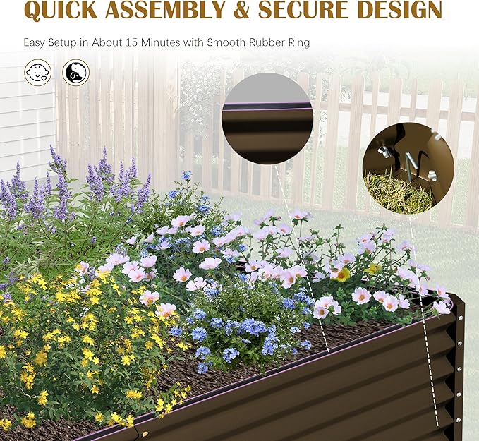 Domi 8x4x2ft Metal Raised Garden Beds Outdoor, Thickened Galvanized Steel Deep Root Planter Box with Stabilizing Bars & Rubber Edging for Vegetables, Flowers, Herbs - Brown