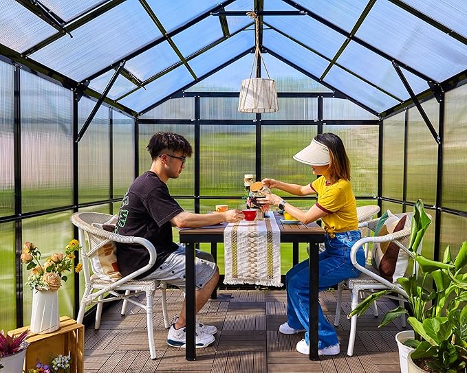 Jocisland 7.5x9.4x7.4 FT Outdoor Aluminum Polycarbonate Greenhouse with Ventilation and Rain Gutter, 2 Swing Doors with Hook, Walk in Greenhouse for Outdoors Backyard Garden