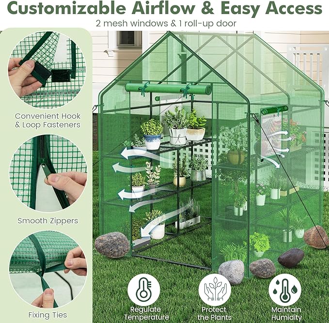 Happygrill Greenhouse for Outdoors, Portable Green House w/8 Shelves, Roll-Up Zippered Door, 2 Observation Windows & 2 Tiers, PE Cover, Wind Rope, Walk-in Greenhouse for Outside, 57”L x 57”W x 77”H