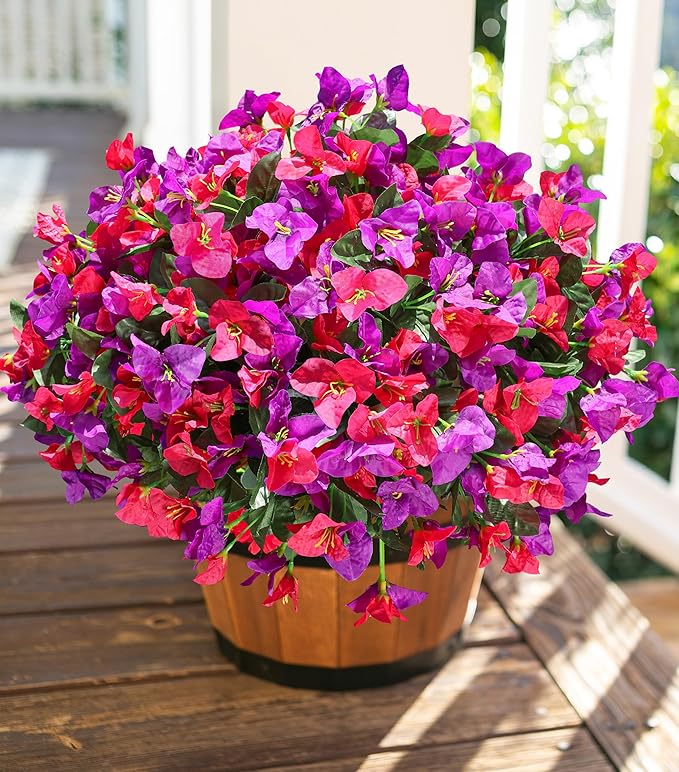 Artificial Fake Flowers for Outdoors Bougainvillea Spring Summer Outside Decor, 4 Bundles Realistic Silk Flower Plants UV Resistant Faux Flowers for Outdoor Planters Patio Porch Window Garden Home