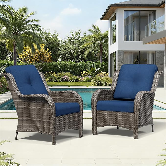 Joyside Patio Chairs Set of 2, Wicker Patio Furniture with High Back, Deep Seating, Wide Armrest, Thickened Cushions, Outdoor Rattan Furniture for Deck, Porch Use