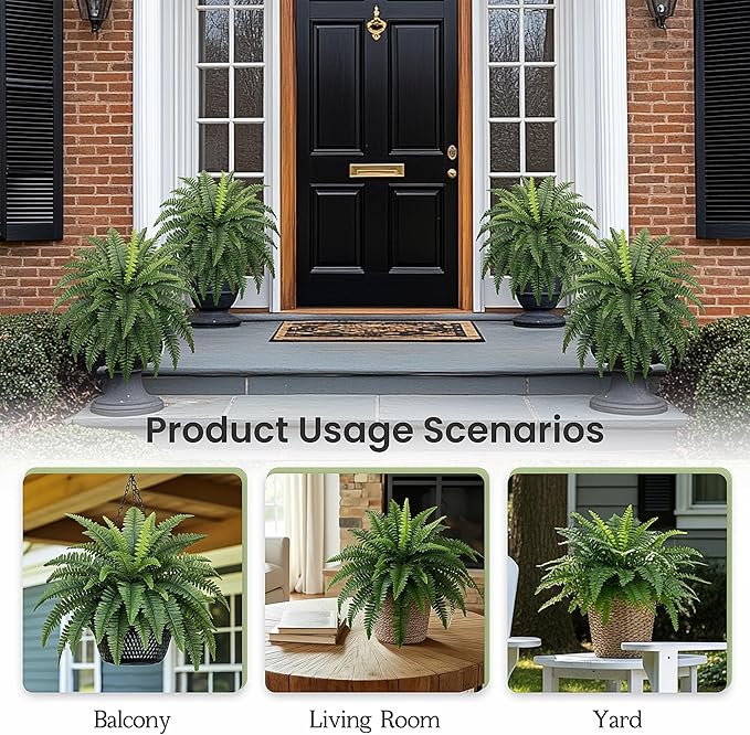 Richeerca Fake Ferns, 35IN Large Fake Bush Plants, 2 Articial Boston Ferns with 39 Fronds for Outdoor Hanging Planter Garden Porch Entrance Home Decor