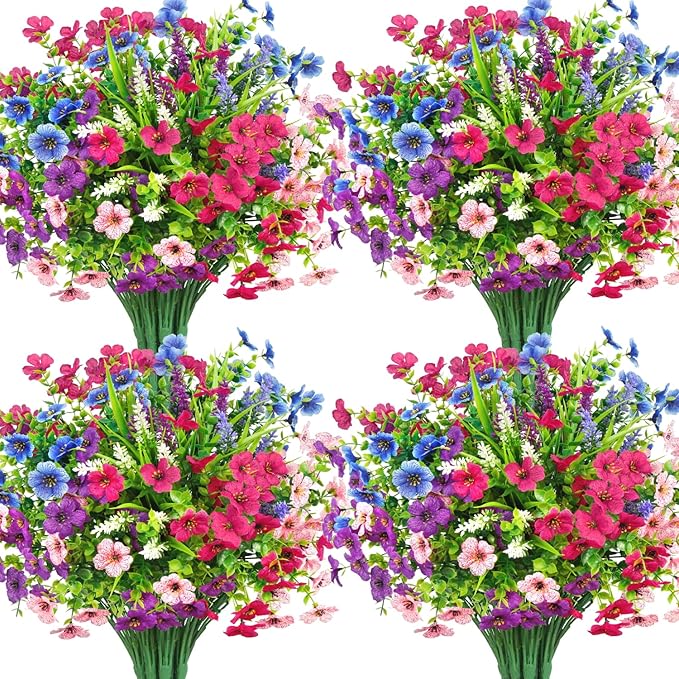 Besteek 20 Bundles Artificial Flowers for Outdoors Decoration Fake Silk Flowers UV Resistant Faux Plants Artificial Daisy Eucalyptus for Spring Summer Garden Yard Porch Window Home Decor, Mixed