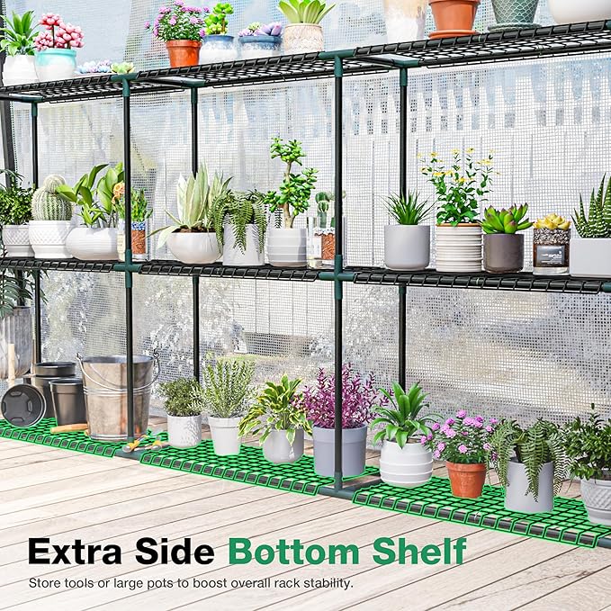 Joyside Outdoor Plant Shelves, 3 Tier 1 Pack Metal Extra-Long Stable Greenhouse Shelving for Home, 97x12x45 Inch Portable Plant Shelf Greenhouse Accessories