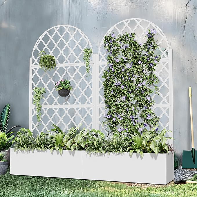 Casaphoria Metal Raised Garden Bed with Trellis and Wheels, 72"x35"x16" Arched Planter Box for Climbing Plants, Vegetables & Vines, Features Drainage Holes and Privacy Screen (White-Laurence)