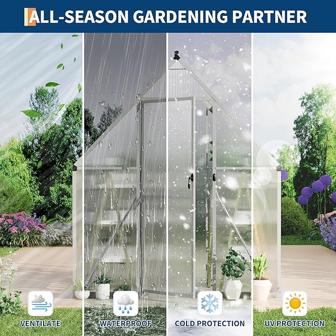 Polycarbonate Greenhouse for Outdoors, Large Walk-InGreenhouse with Quick Setup Structure and Roof Vent, Greenhouse with Ventilation